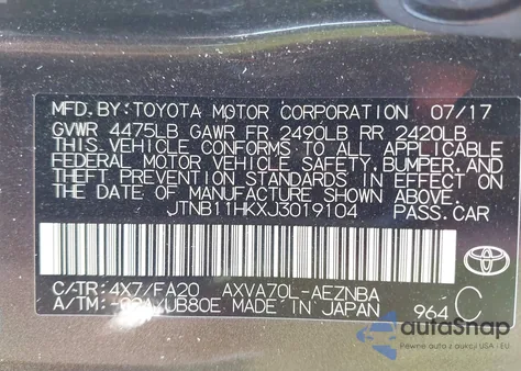 2018 Toyota Camry L/Le/Xle/Se/Xse из США, поврежденный, VIN JTNB11HKXJ3019104